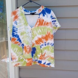 Blue and Orange Cap Sleeve Button Down Crop Top Silver ZIP UP  14/16 XL